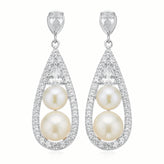 Sterling Silver  Button 5.5-6 mm White Fresh Water Pearl Cubic Zirconia Drop Earrings