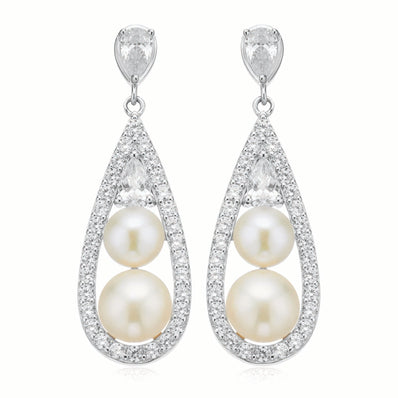 Sterling Silver  Button 5.5-6 mm White Fresh Water Pearl Cubic Zirconia Drop Earrings