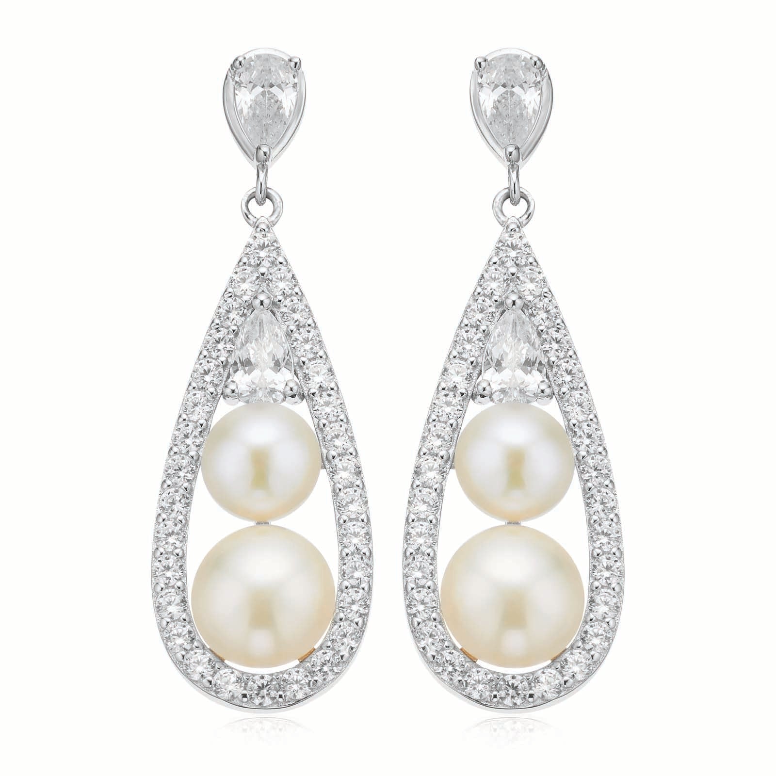 Sterling Silver  Button 5.5-6 mm White Fresh Water Pearl Cubic Zirconia Drop Earrings