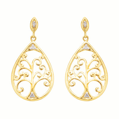 9ct Yellow Gold Diamond Set Tree of Life  Drop Earrings