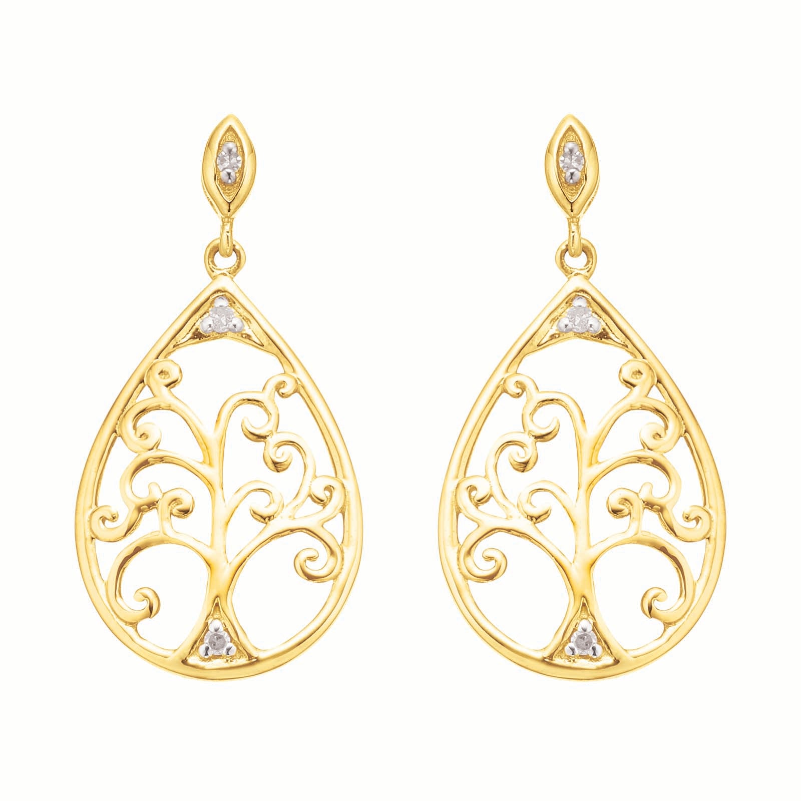 9ct Yellow Gold Diamond Set Tree of Life  Drop Earrings