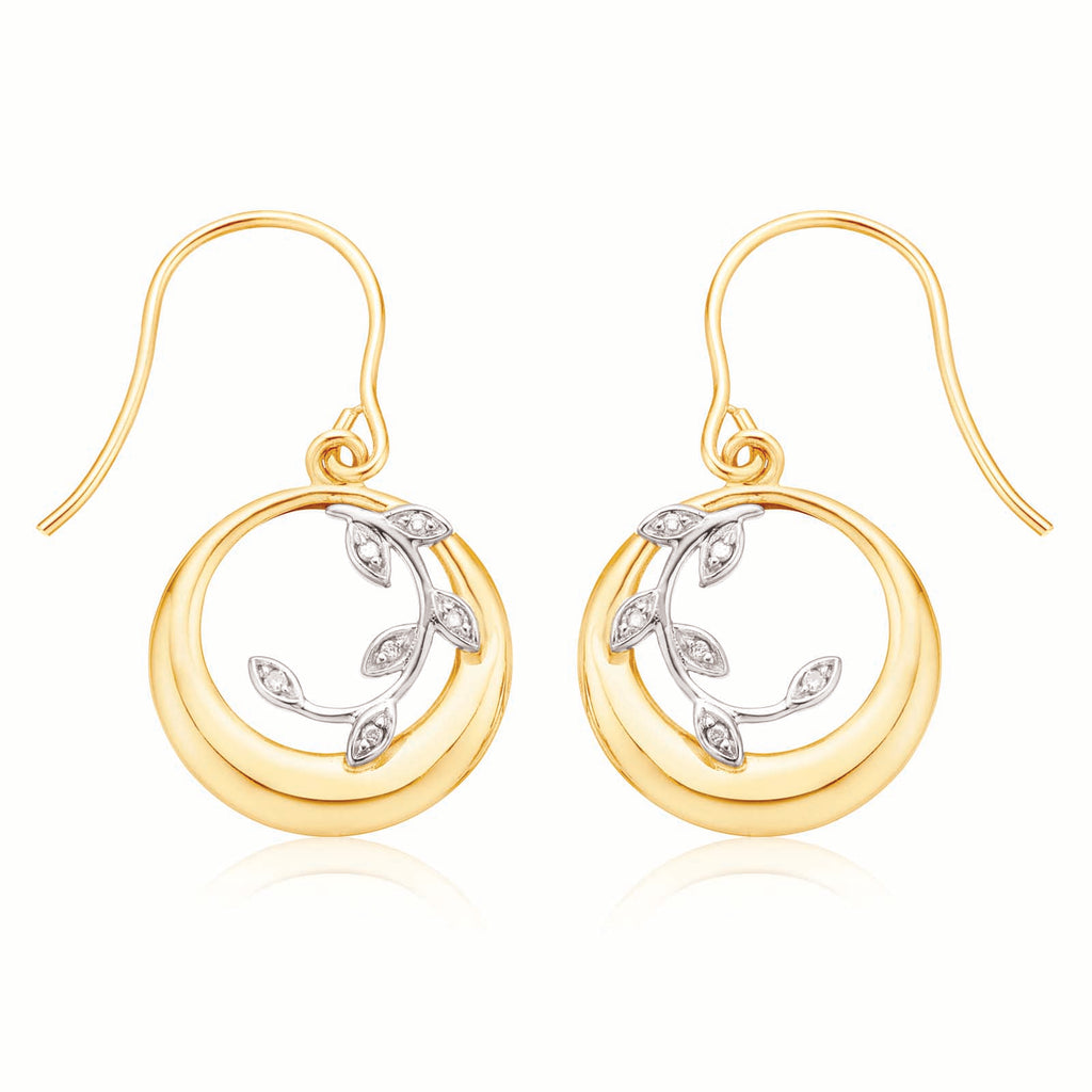 9ct Yellow Gold Diamond Set Vine Circle  Drop Earrings