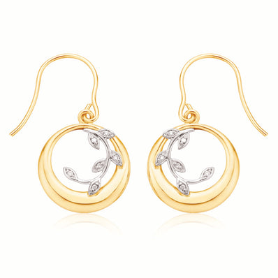 9ct Yellow Gold Diamond Set Vine Circle  Drop Earrings