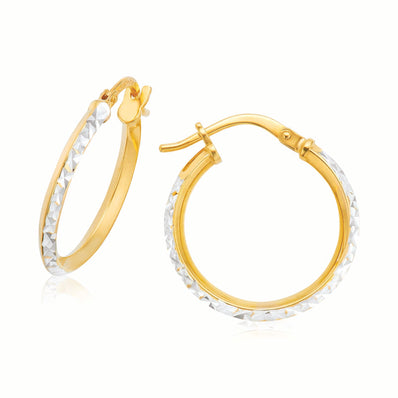 9ct Yellow Gold & Silver-filled 15mm Patterned  Hoop Earrings