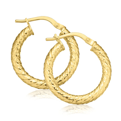 9ct Yellow Gold Silver Filled15mm Engraved Hoop Earrings