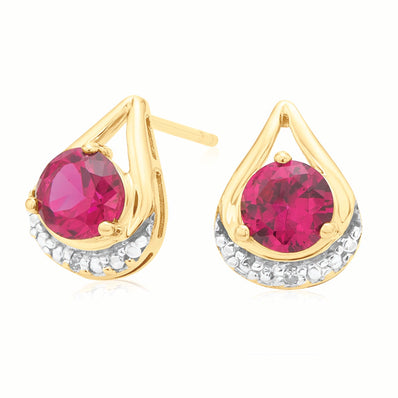 9ct Yellow Gold Round Brilliant Cut 5 MM Created Ruby & Diamond Set  Stud Earrings