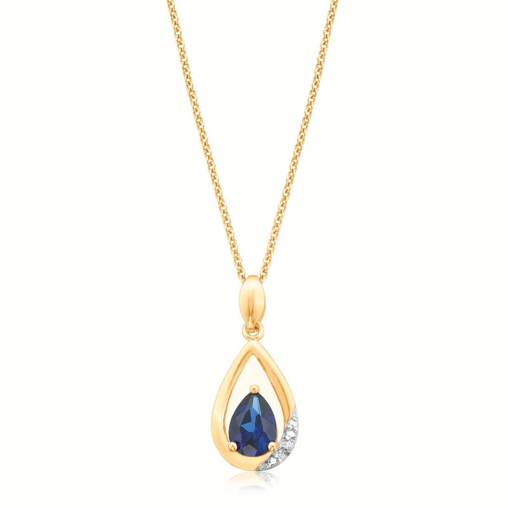 9ct Yellow Gold Pear Cut 5X7mm Created Sapphire & Diamond Set Pendant