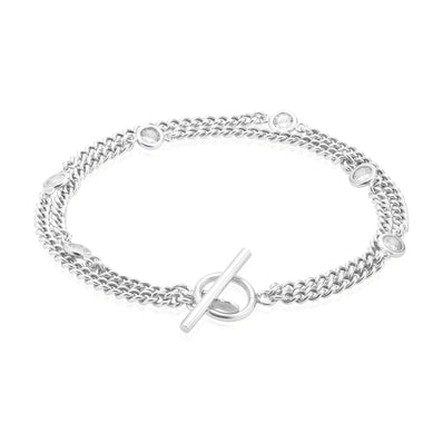 Sterling Silver 19cm Bezel Cubic Zirconia T-Bar Bracelets