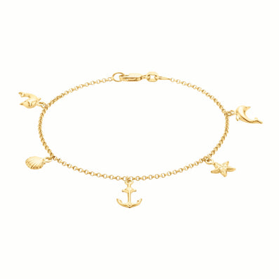 9ct Yellow Gold & Silver-filled Dolphin, Shell, Starfish and Anchor Charm Bracelet