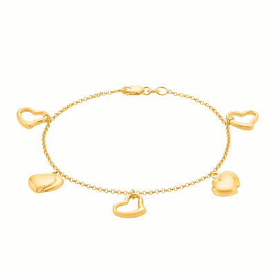 9ct Yellow Gold & Silver Filled Heart Charm Bracelet