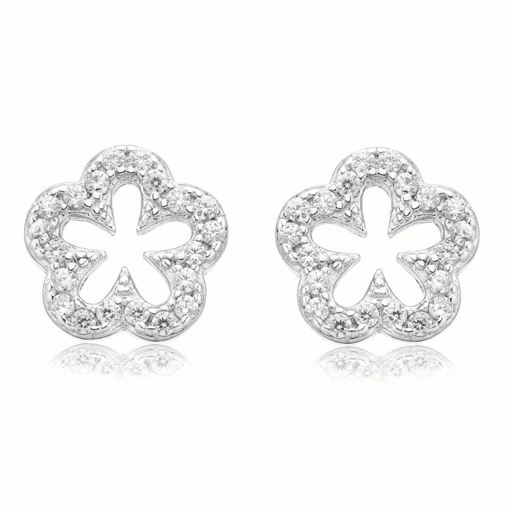 Sterling Silver White Cubic Zirconia Flower Stud Earrings Zamels