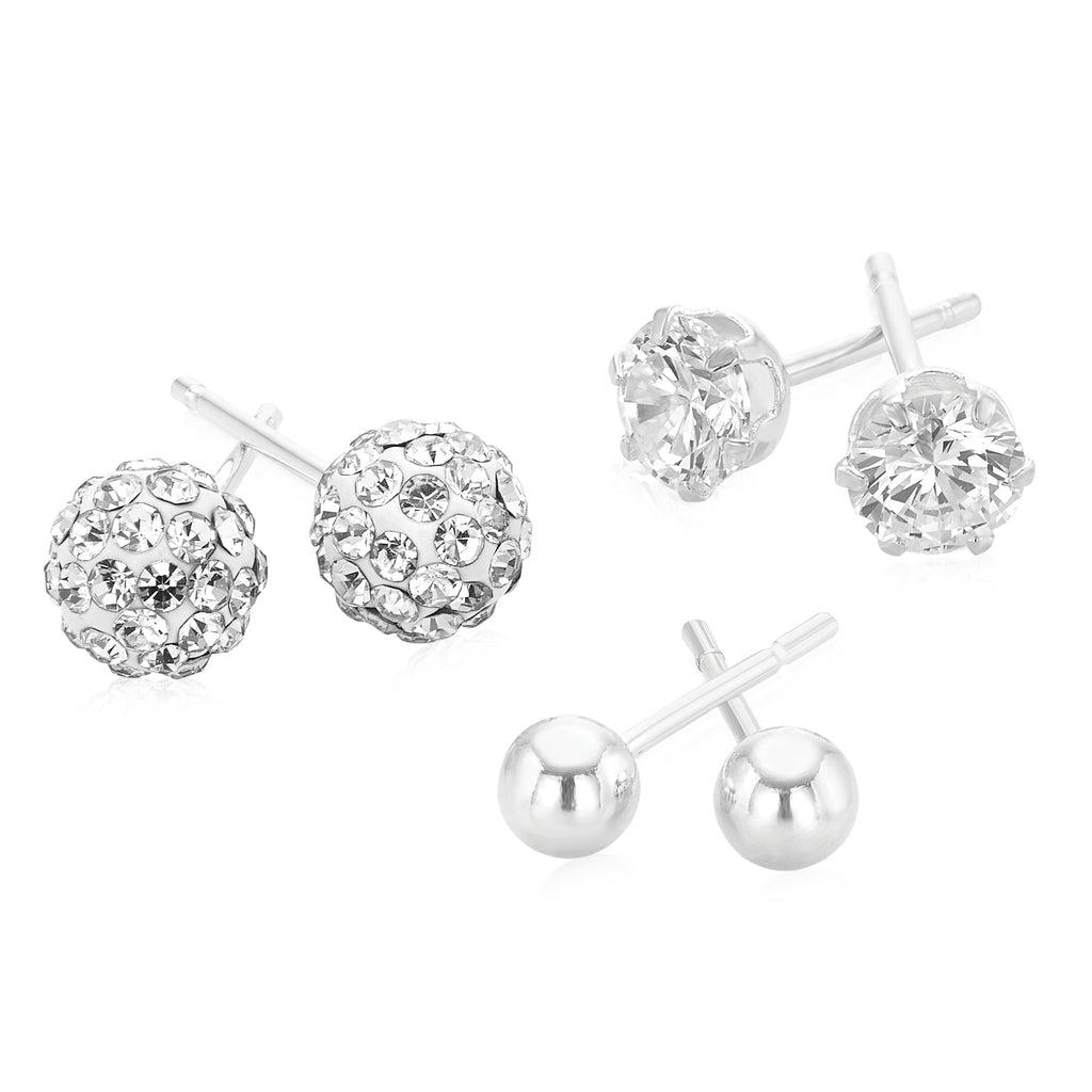 Sterling Silver cubic zirconia & crystal 3 pairs ofset Stud Earrings
