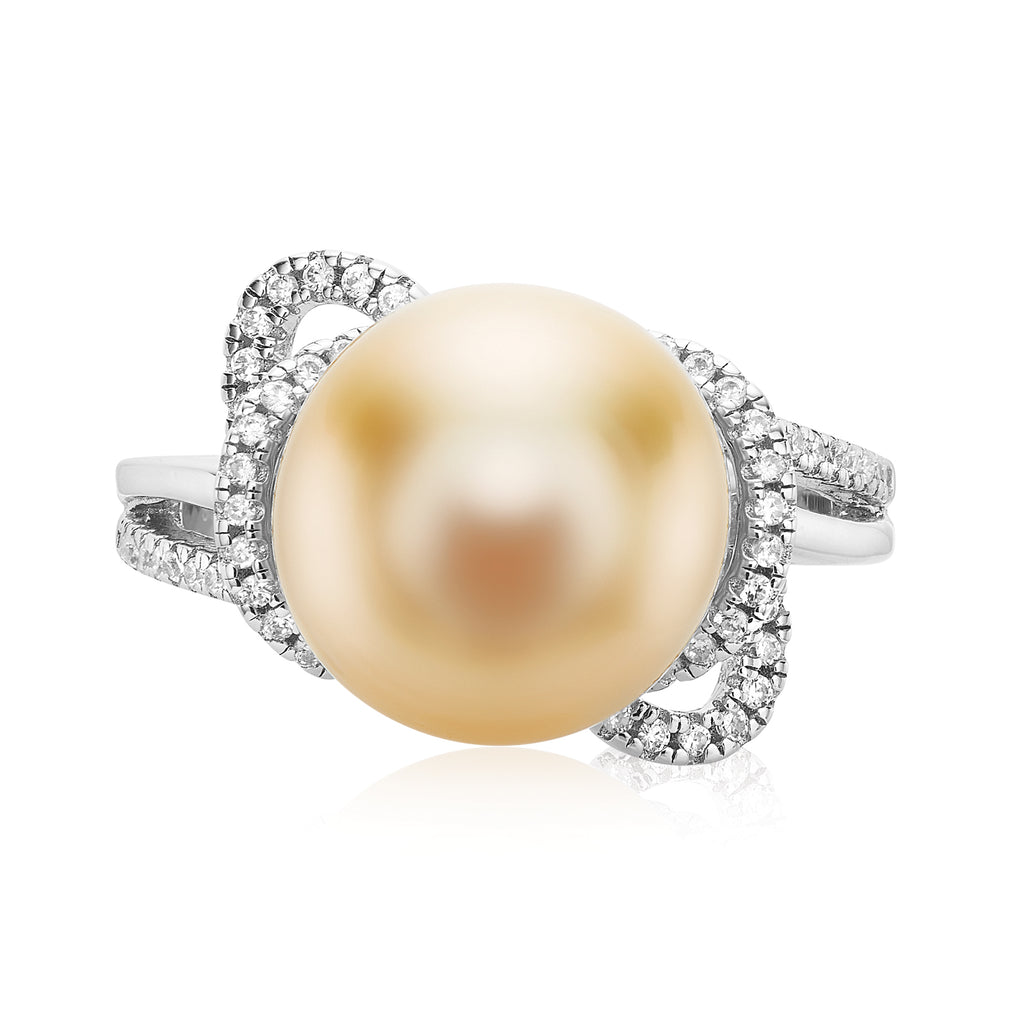Sterling Silver 11-12mm Golden South Sea Pearl & Cubic Zirconia Ring