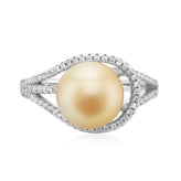 Sterling Silver 9-10.5mm Golden South Sea Pearl & Cubic Zirconia Ring