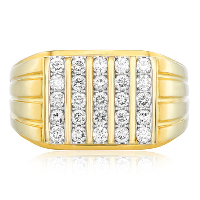9ct Yellow Gold Round Brilliant Cut 1 CARAT tw of Diamonds Mens Ring