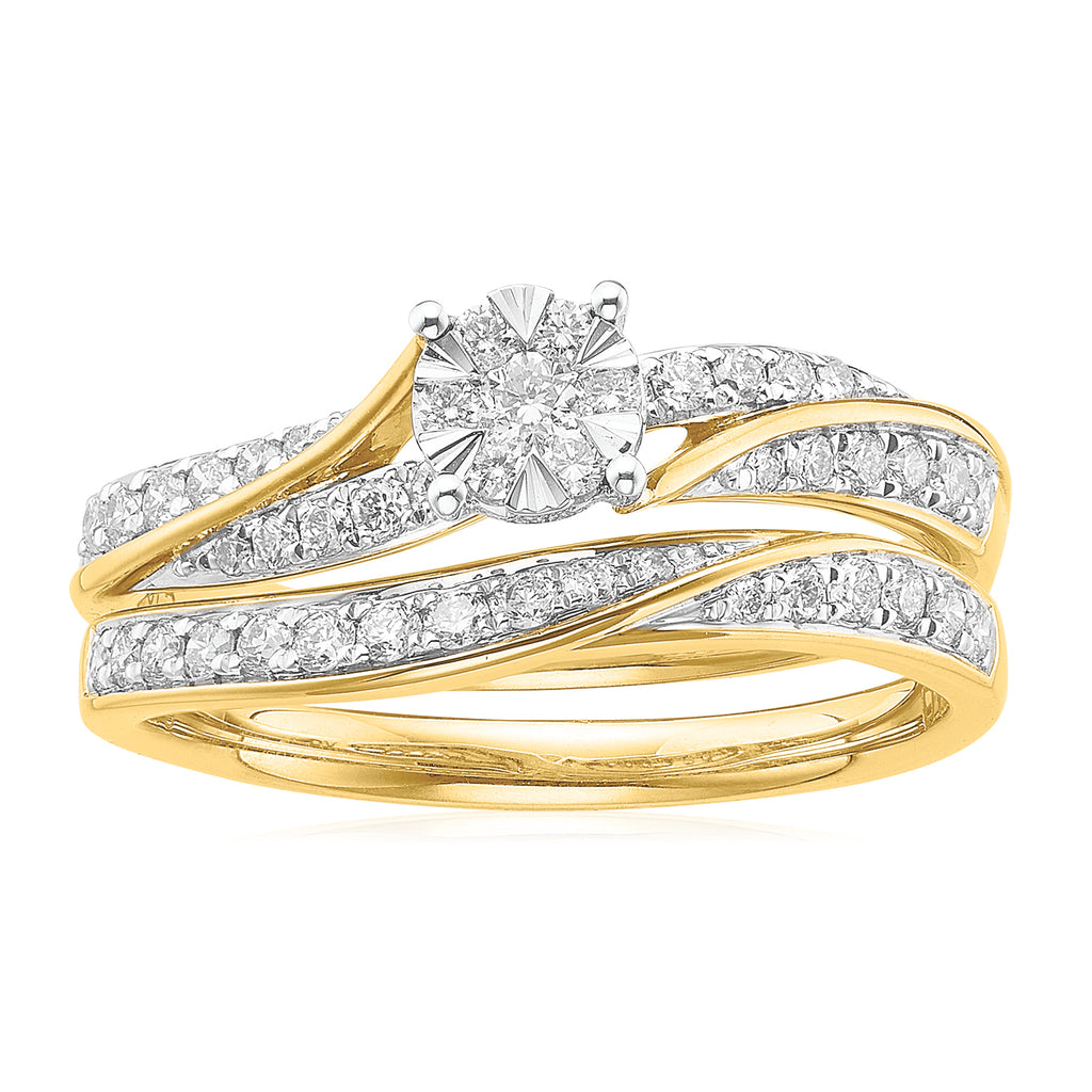 9ct Yellow Gold Round Brilliant Cut 1/2 Carat tw of Diamond Bridal Ring Set