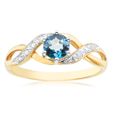 9ct Yellow Gold Round Brilliant Cut Blue Topaz Diamond Set Ring