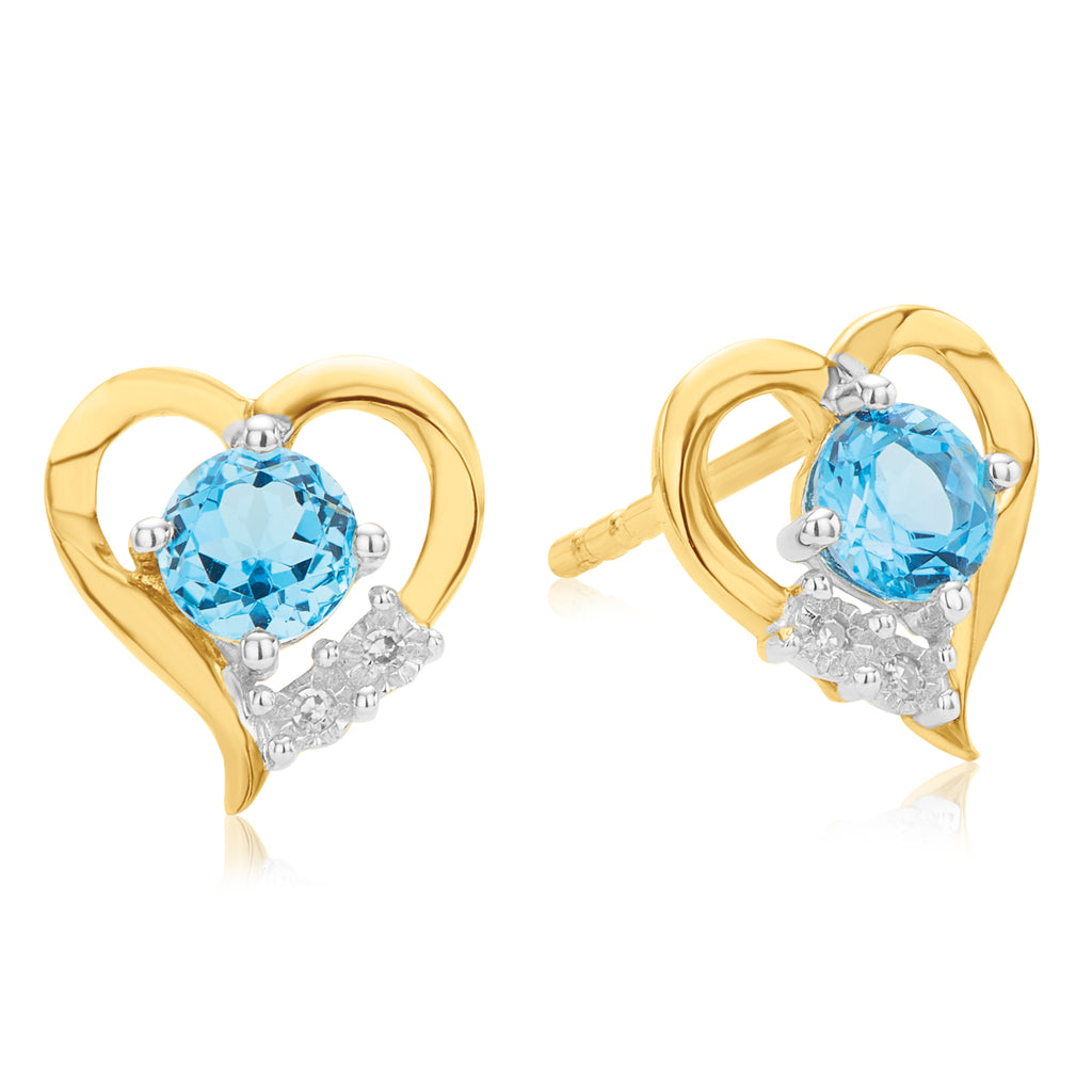 9ct Yellow Gold Diamond Set & Blue Topaz  Stud Earrings