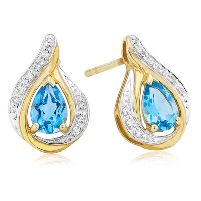 9ct Yellow Gold Pear Cut6x4 mm Blue Topaz Diamond Set Stud Earrings