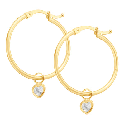 9ct Yellow Gold & Silver-filled Cubic Zirconia Heart  Hoop Earrings