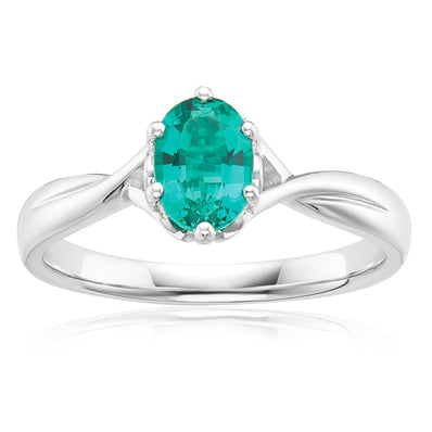 Sterling Silver Oval Cut Created Emerald Ring