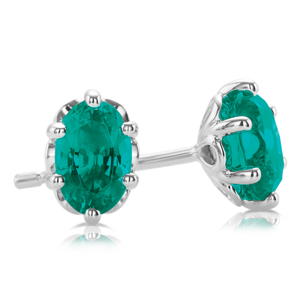 Sterling Silver Oval Cut Created Emerald Stud Earrings