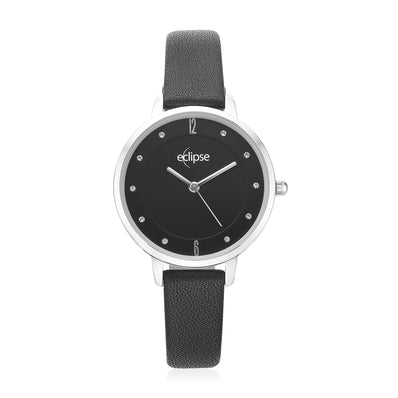 Eclipse Leather with Round Black Cubic Zirconia Dial Watch