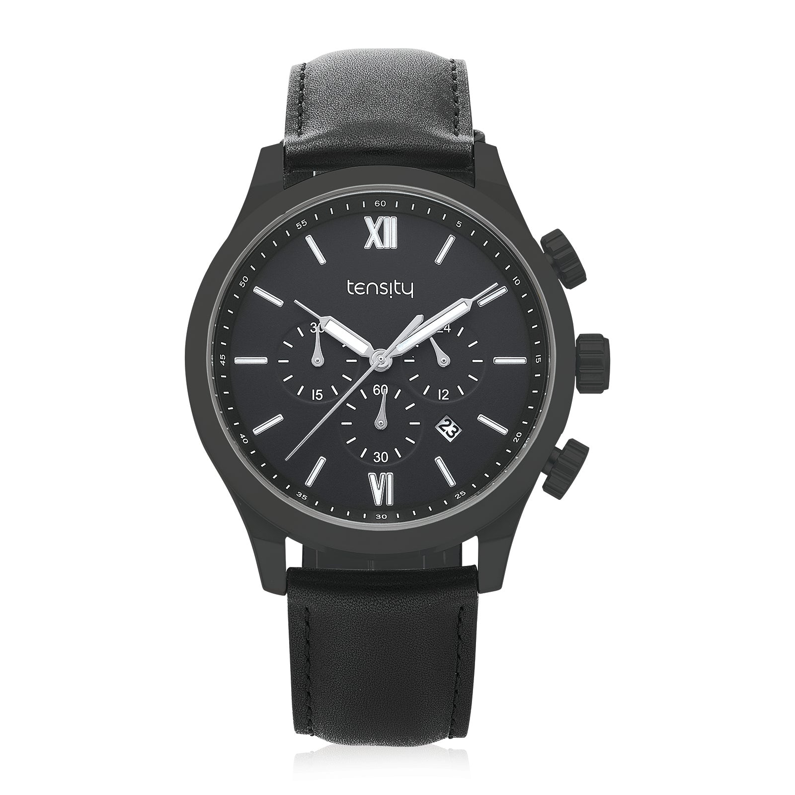 Tensity 45mm Leather Band and Black Dial Chronograph Watch – Zamels