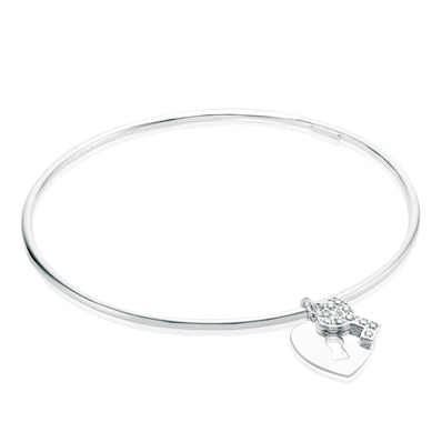 Sterling Silver 65 mm Heart Lock and Key Bangle