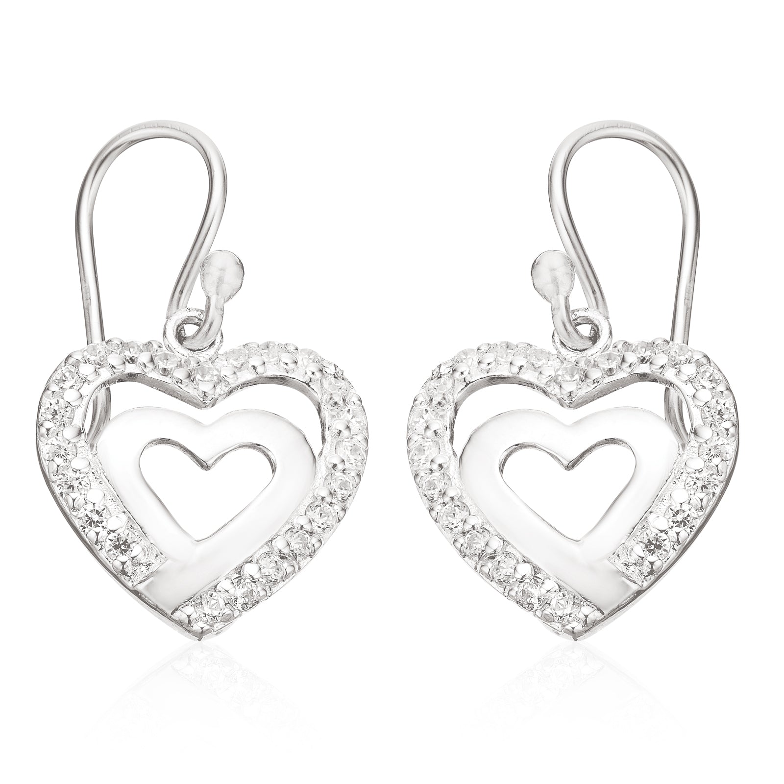 Sterling Silver Cubic Zircoina Heart Drop Earrings