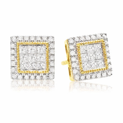 New York 14ct Yellow Gold Round Brilliant & Princess Cut 3/4 CARAT tw of Diamonds Stud Earrings