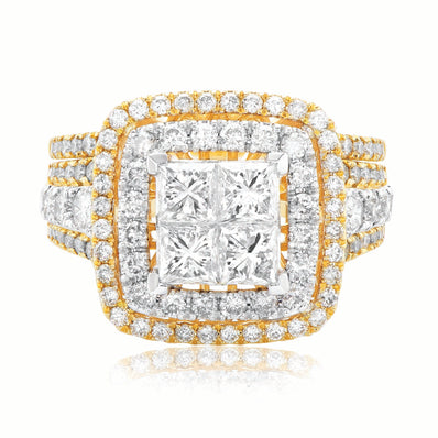 New York 14ct Yellow Gold Princess & Round Brilliant Cut 3 Carat tw of Diamonds 2 Ring Set