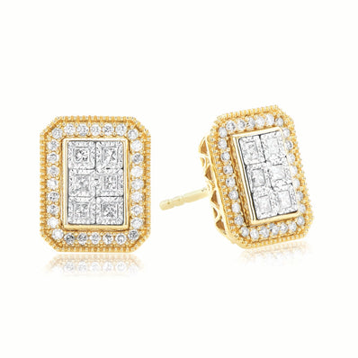 New York 14ct Yellow Gold Princess & Round Brilliant Cut 0.35 CARAT tw of Diamonds  Stud Earrings