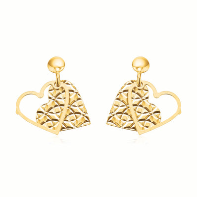 9ct Yellow Gold & Silver-filled  Double Heart Drop Earrings
