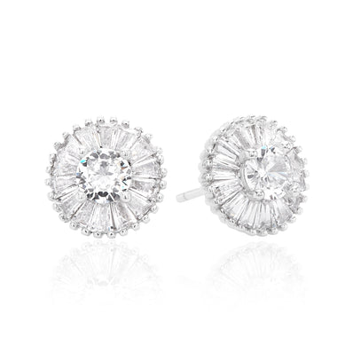 Sterling Silver Baguette & Round White Cubic Zirconia Stud Earrings