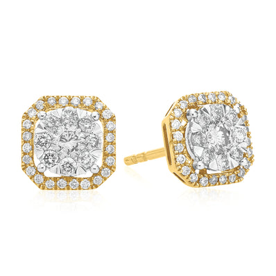 London 9ct Yellow Gold Round Brilliant Cut 1/2 Carat tw of Diamond Flower Earrings