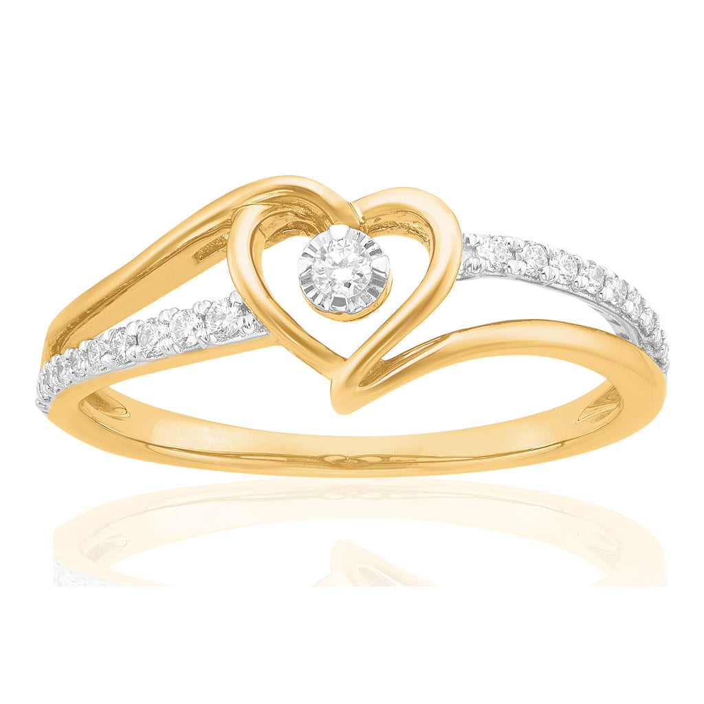 9ct Yellow Gold Ring Round Brilliant Cut 0.15 CARAT tw of Diamonds Heart Ring