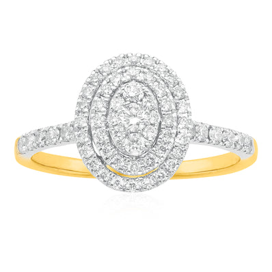 9ct Yellow Gold Round Brilliant Cut 1/2 CARAT tw of Diamonds Ring Oval