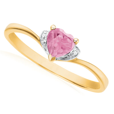 9ct Yellow Gold Heart Cut Created Pink Sapphire Diamond Set Ring