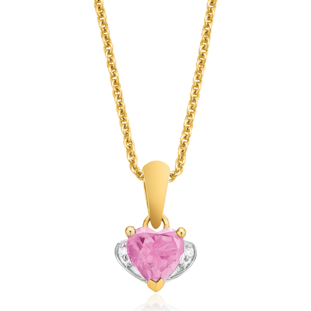 9ct Yellow Gold Heart Cut Created Pink Sapphire Diamond Set Pendant