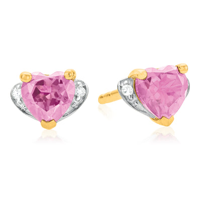 9ct Yellow Gold Heart Cut Created Pink Sapphire Diamond Set  Stud Earrings