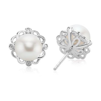 Sterling Silver Round 7-8mm Freshwater Pearl & Diamond Set  Stud Earrings