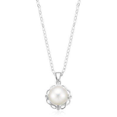 Sterling Silver Round 8-9mm Freshwater Pearl & Diamond Set Pendant