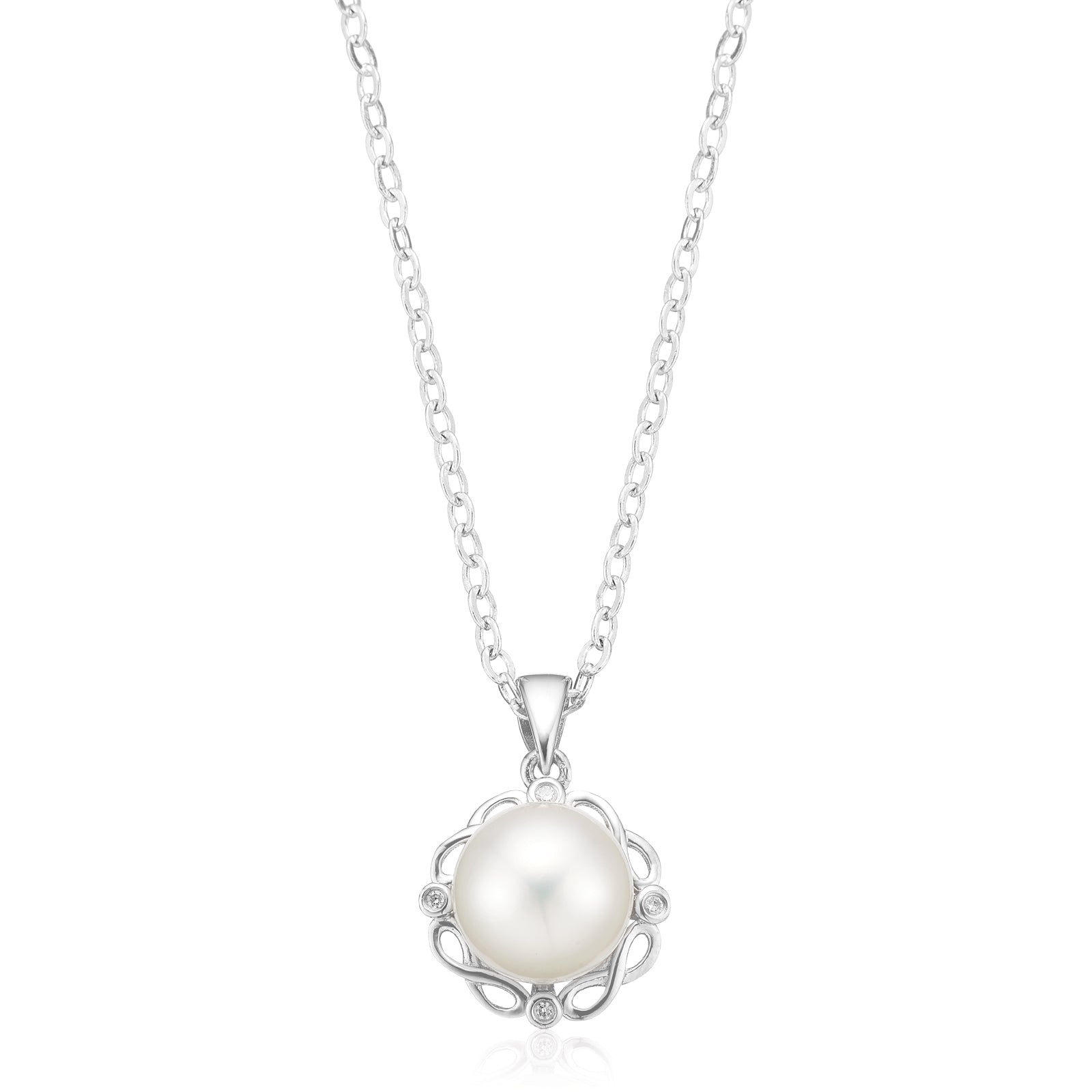 Sterling Silver Round 8-9mm Freshwater Pearl & Diamond Set Pendant