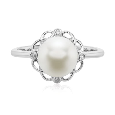 Sterling Silver Round 8-9mm Freshwater Pearl & Diamond Set Ring
