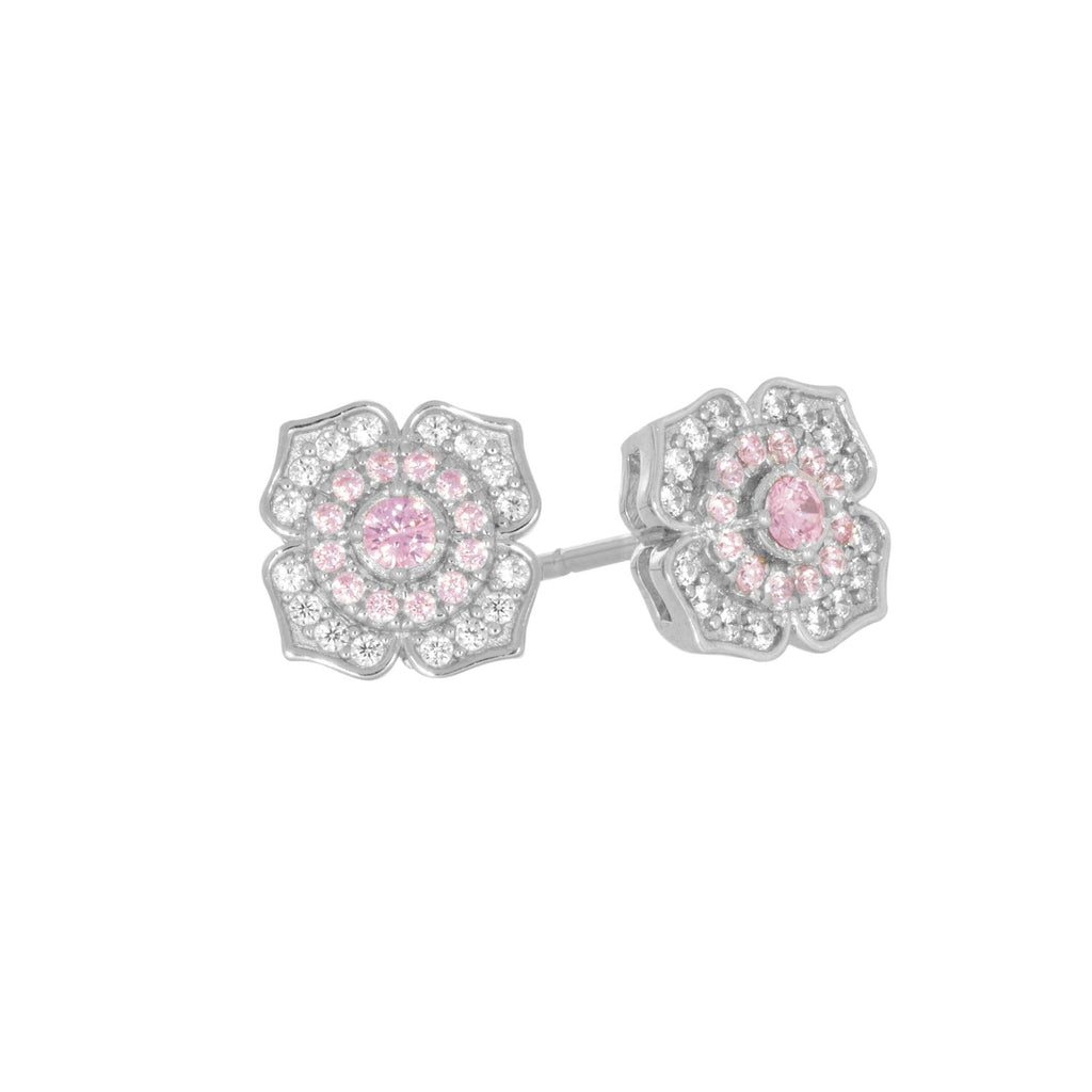 Sterling Silver Pink & White Cubic Zirconia Flower  Stud Earrings