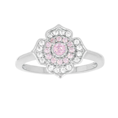 Sterling Silver Pink & White Cubic Zirconia Flower Ring
