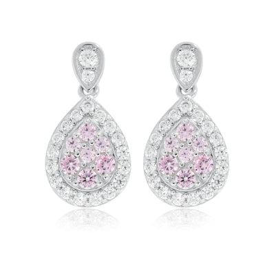 Sterling Silver Round Pink & White Cubic Zirconia Earrings