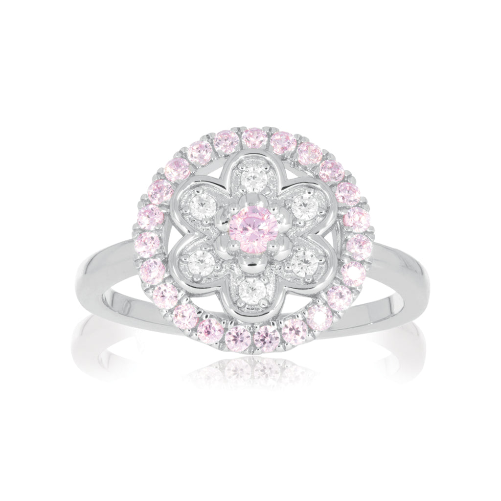 Sterling Silver Round Pink & White Cubic Zirconia Flower Ring