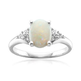 Sterling Silver Oval Cut 9x7mm Opal & Diamonds Ring
